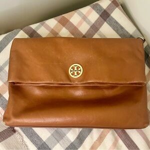 Tory Burch Brown Leather Foldover Crossbody / Clutch with Gold Logo Medallion